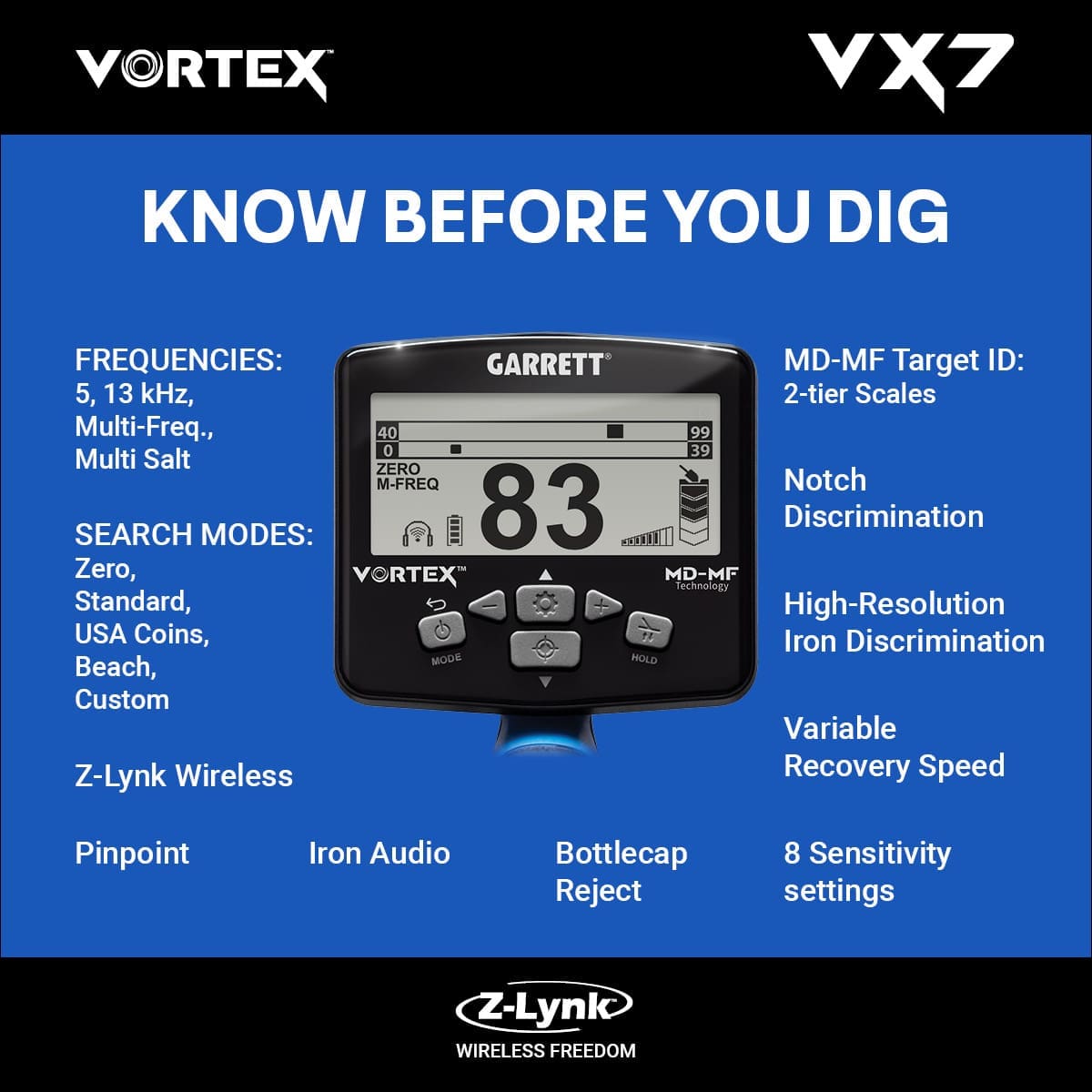 Adıyaman Garrett Vortex VX7 Dedektör - VX7 hedef ID ekranı, iki katmanlı MD-MF okuma ile demir ve iletken hedefleri ayırmaya yardım eder.